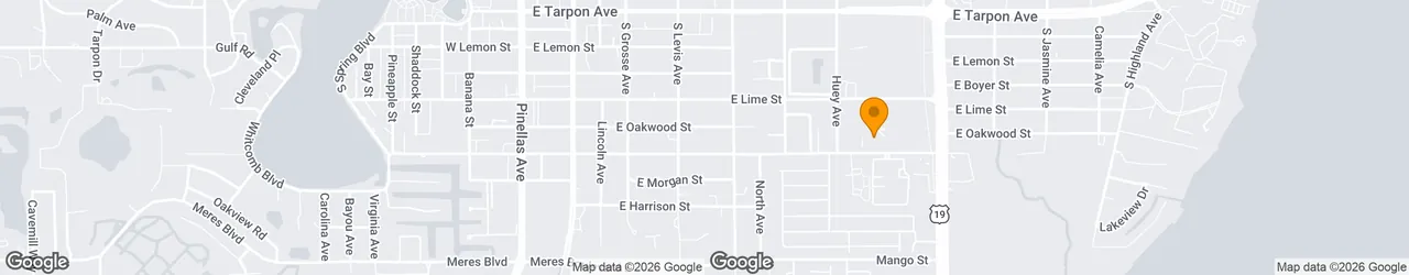 Map of Tarpon Springs showing the Radiant Technology Solutions office on E Martin Luther King Jr Drive, just west of US-19