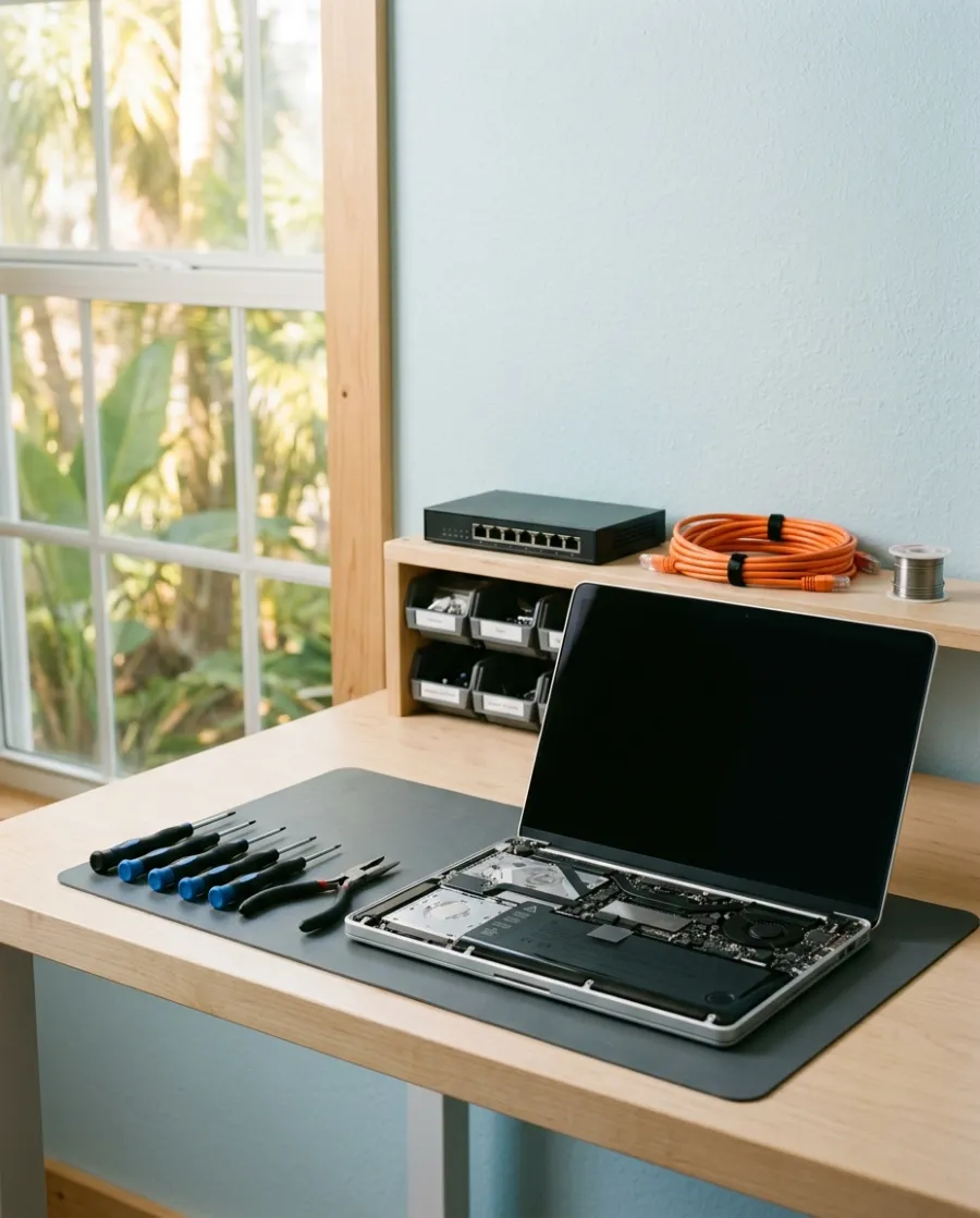An IT workbench with a laptop opened for repair, tools laid out and network gear ready to deploy