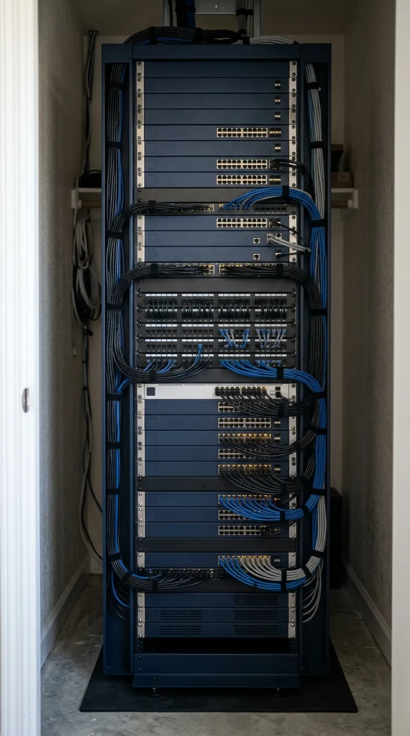 A tidy server rack and patch panel inside a small business network closet