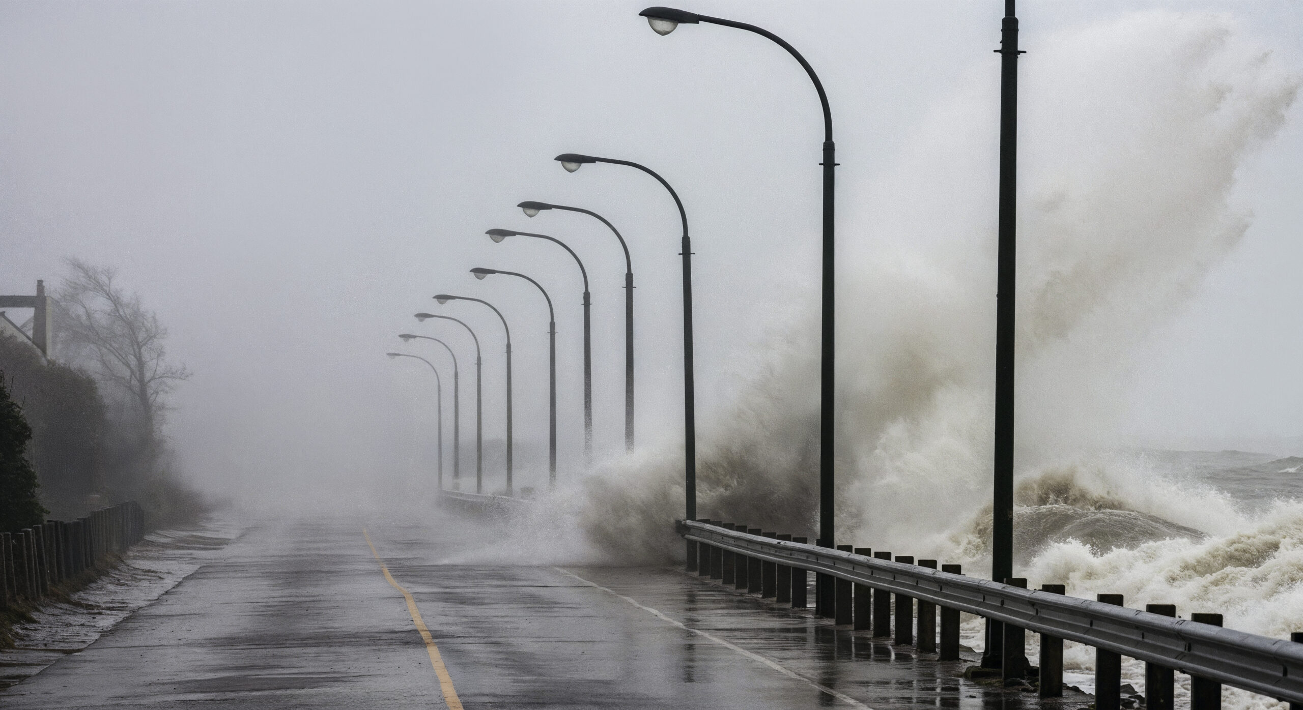 Powerful ocean waves crashing over a coastal road lined with streetlights during a storm, with water spraying over the guardrail and roadway in Florida.