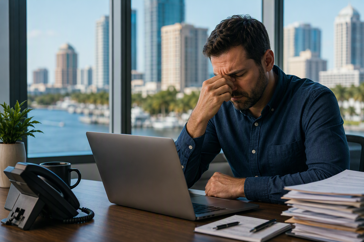 Business owner working on a laptop in a St. Petersburg office while dealing with ongoing technology issues and IT support challenges.