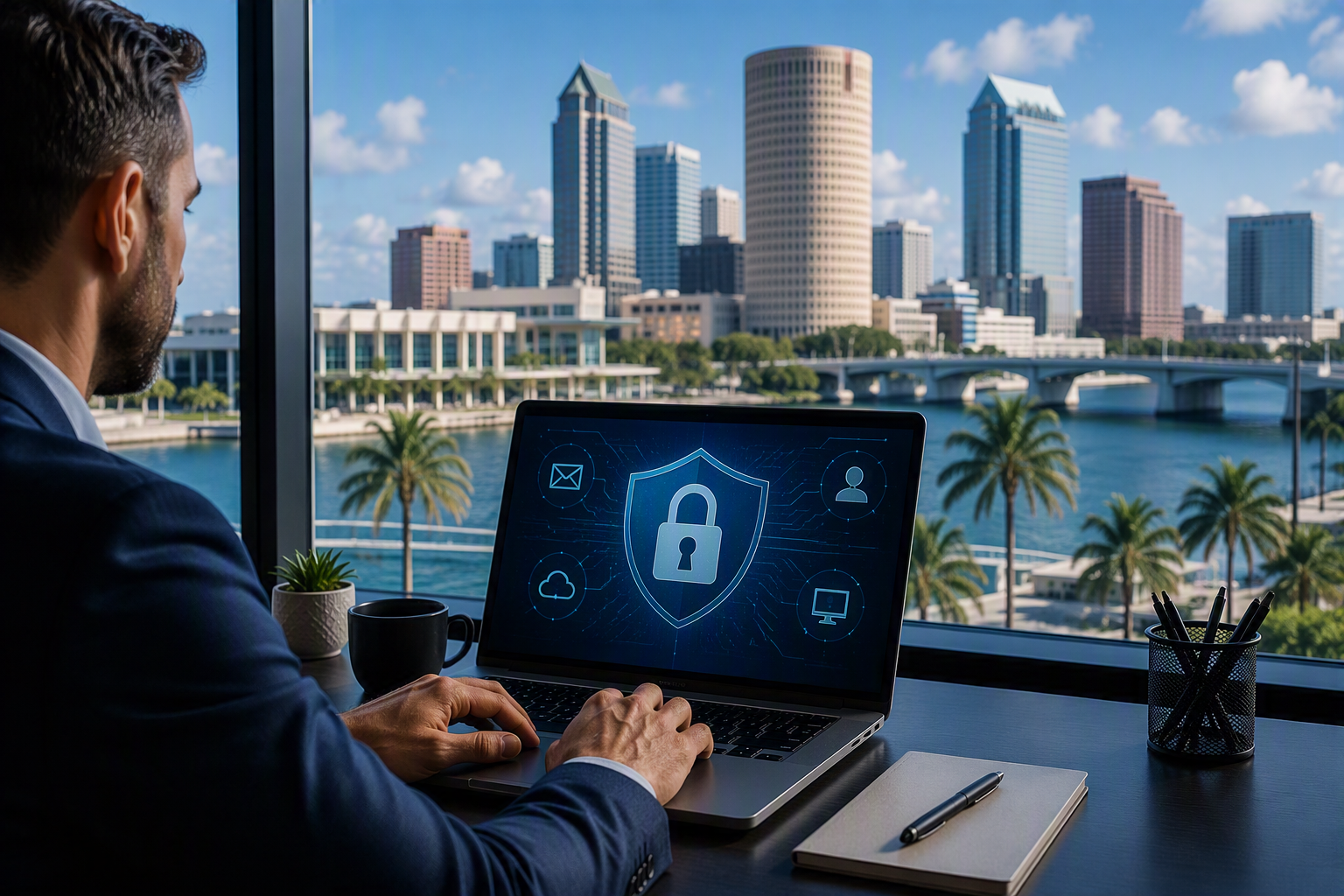 Business professional reviewing cybersecurity protections on a laptop with the Tampa, Florida skyline and waterfront visible in the background, representing cyber insurance readiness and business cybersecurity.