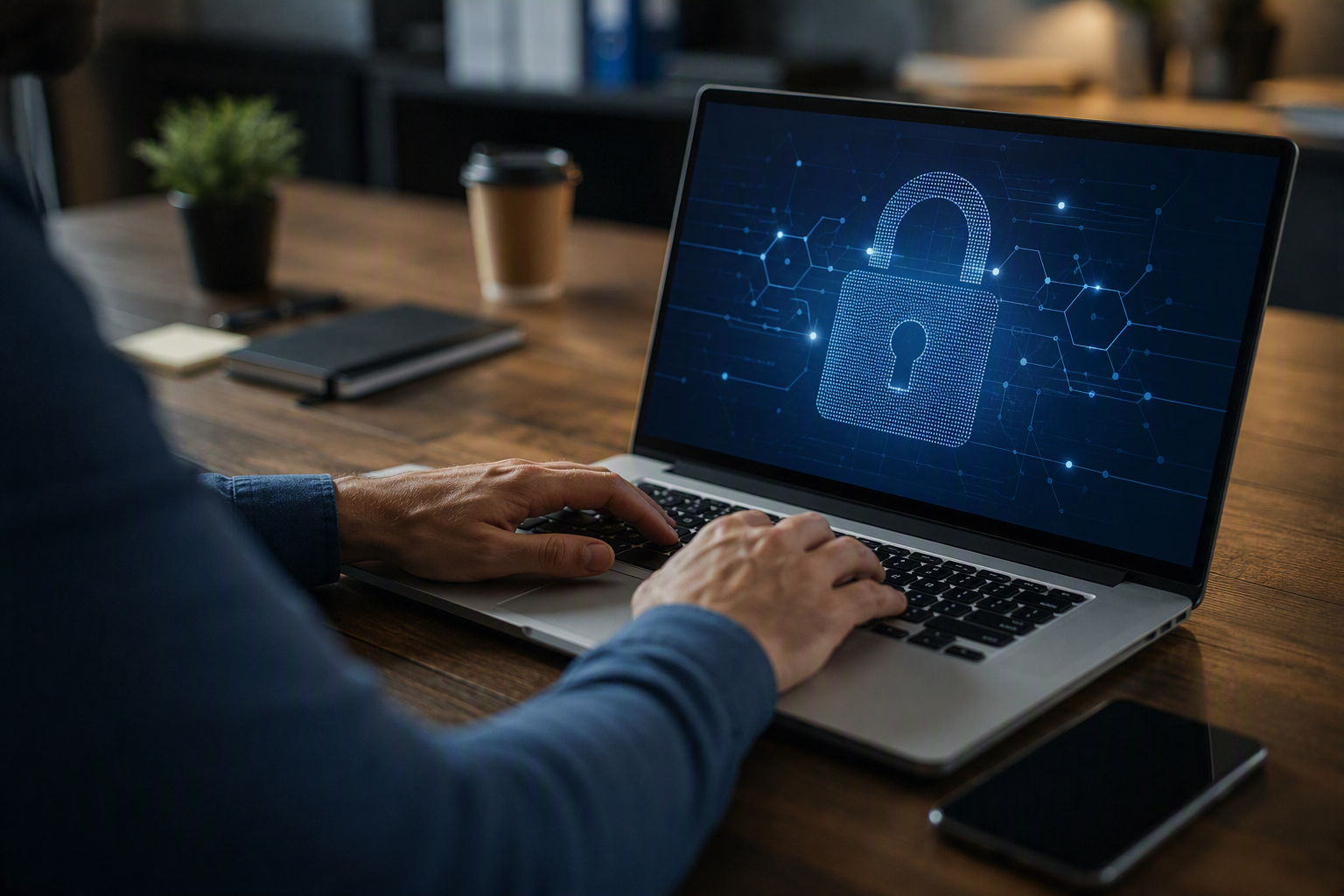 Palm Harbor business cybersecurity protection with secure laptop displaying digital network security concepts