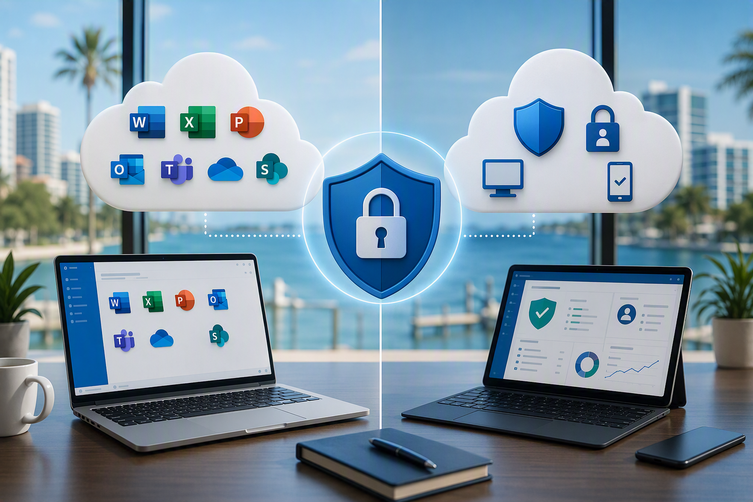 Microsoft 365 cloud applications and cybersecurity protection for businesses in Clearwater Florida, illustrating the differences between Microsoft Business Standard and Microsoft Business Premium. 2