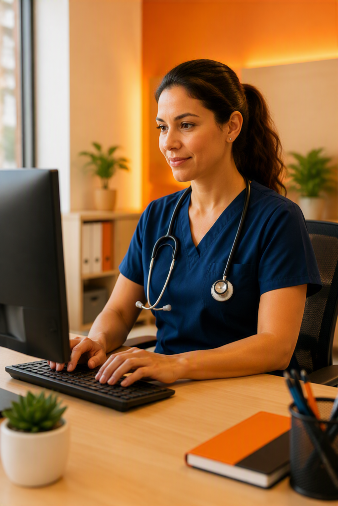 Healthcare IT Support Specialist at Medical Office in Tampa FL Healthcare professional using a computer workstation in a modern medical office with healthcare technology and orange accent lighting in Tampa Florida.