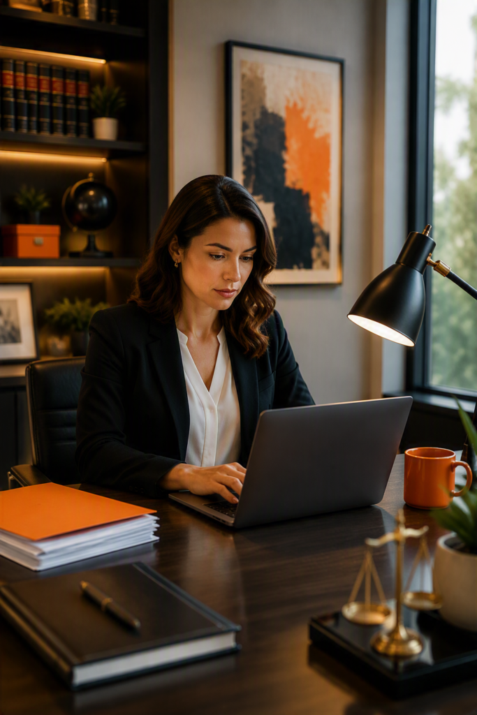 Attorney working on a laptop computer in a modern law office with legal books and professional workspace.