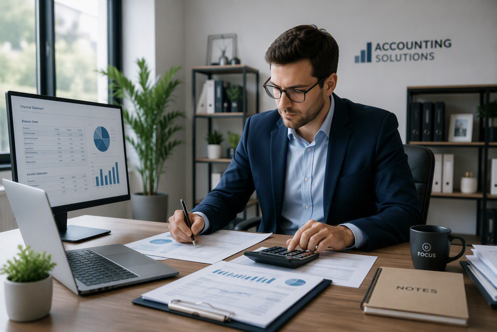 Accounting professional reviewing financial reports and using business software supported by managed IT services and cybersecurity solutions.