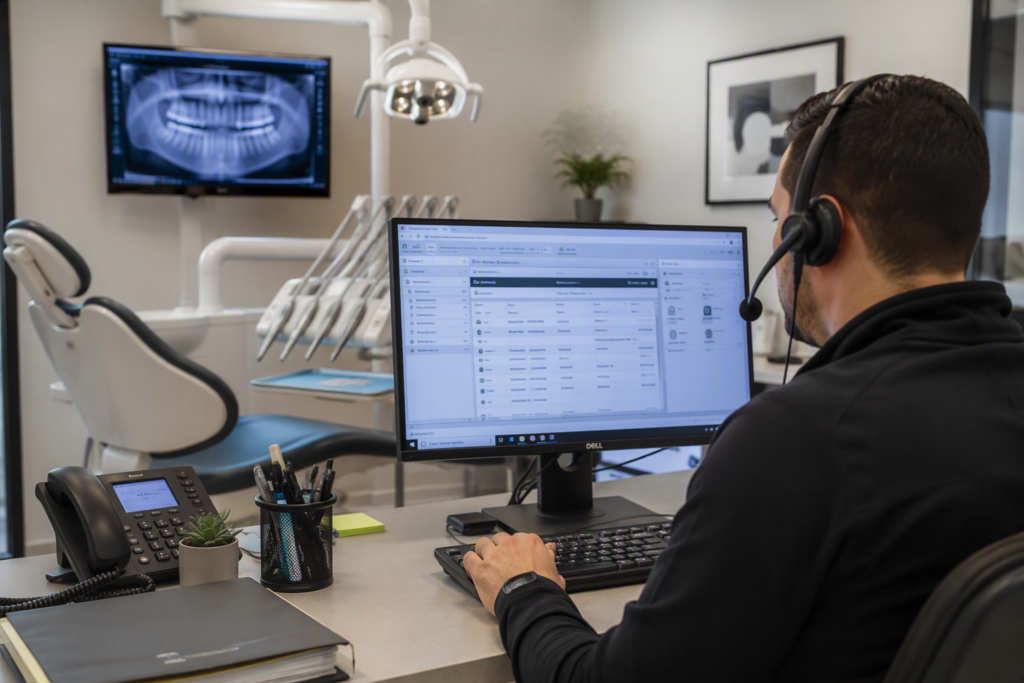 IT support technician monitoring dental practice systems and dental imaging software inside a modern dental office
