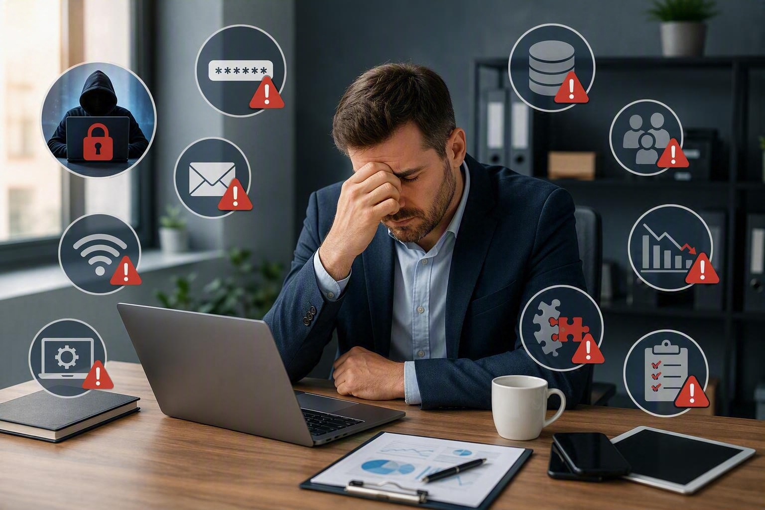 Small business owner reviewing multiple technology issues including cybersecurity risks, password security, network problems, data protection, and IT management challenges.